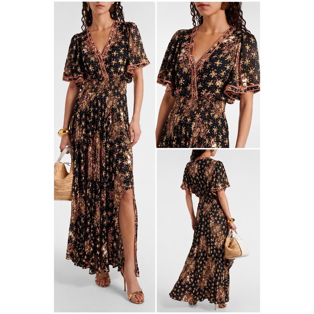 POUPETTE ST BARTH Mabelle Maxi Dress Black Orange Pink Floral Print L
